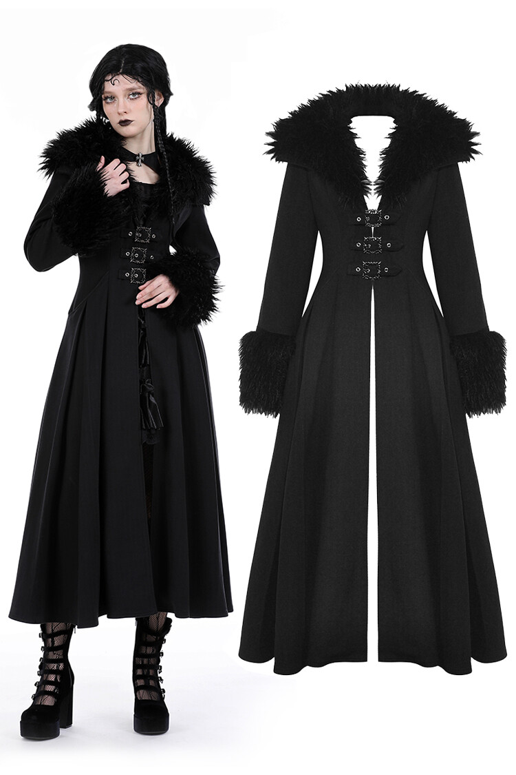 DARK IN LOVE Women Steampunk Black Gothic Faux Fur Trim Woolen