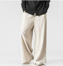Mens Linen Cotton Pants Loose Kung Fu Tai Chi Chinese Style Wide Leg Trousers