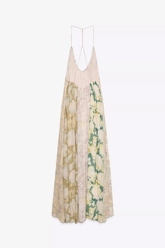 Abito lungo donna 2025 primavera stampa fiori patchwork bretelle beige - Foto 12 di 16