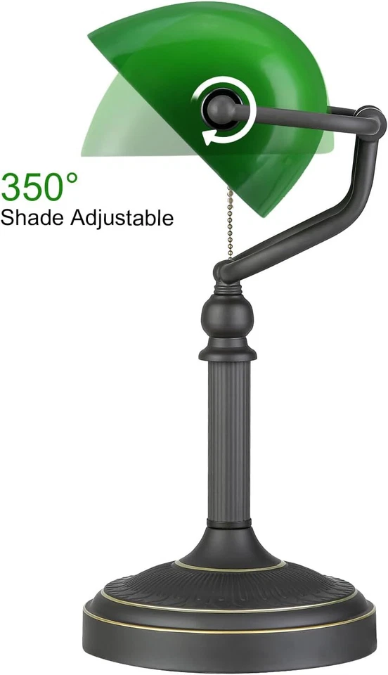 Antique Green Glass Bankers Desk Lamp with Pull Chain Switch Plug in Fixture - Image 3 of 4