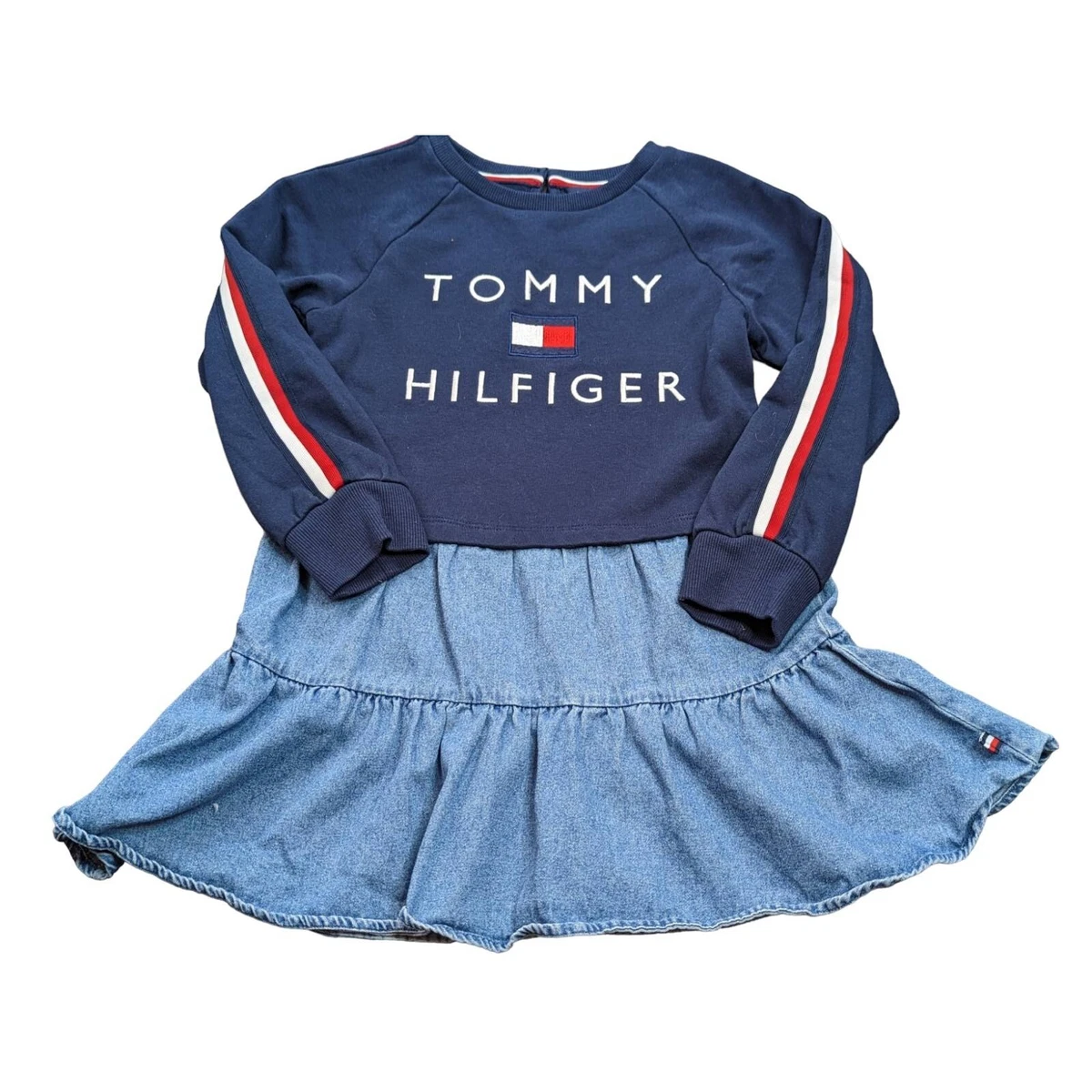 Tommy Hilfiger Girls Shirt Pc Logo Set eBay Sleeve 6 Long A-Line | Blue 2 Denim Skirt