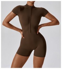 Women One Piece Front Zip Short Sleeve Bodysuit Bodycon Bodysuit Leotard Top