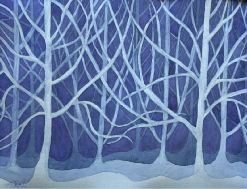 PAINTING WATERCOLOR 11X14 AND WHITE MAT 16X20 FOREST TREES BLUE WINTER ORIGINAL