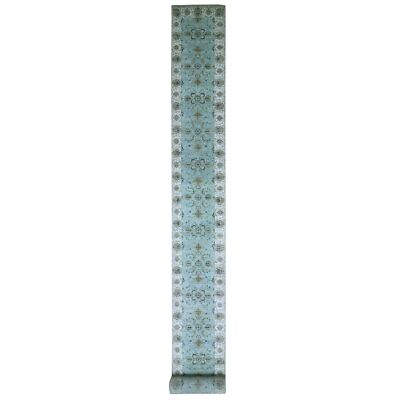 2'6''x29'10'' Blue Hand Knotted Flower Vines Design Pure Wool XL Runner Rug R76111