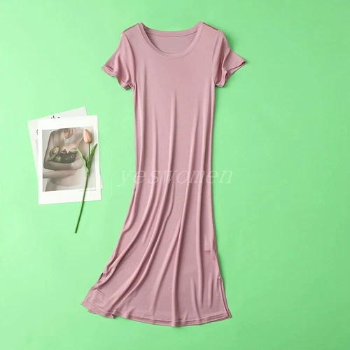 Women Mulberry Silk Long Shirts Short Sleeve Sleep Slips Dress Nightgown T Shirt - Bild 18 von 25