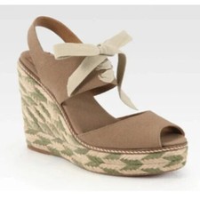 Tory Burch Linley Espadrille Wedge Sandal Platform Lace Up Brown Canvas Peep 7