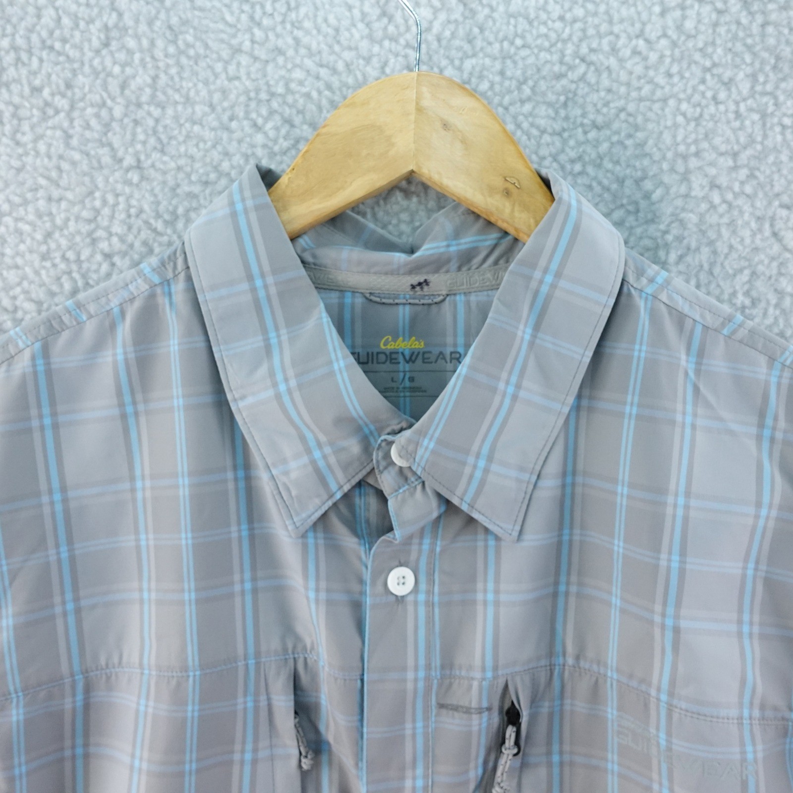 Cabela's Guidewear Mens L Gray Plaid Short Sleeve Fishing Shirt Outdoor Vented