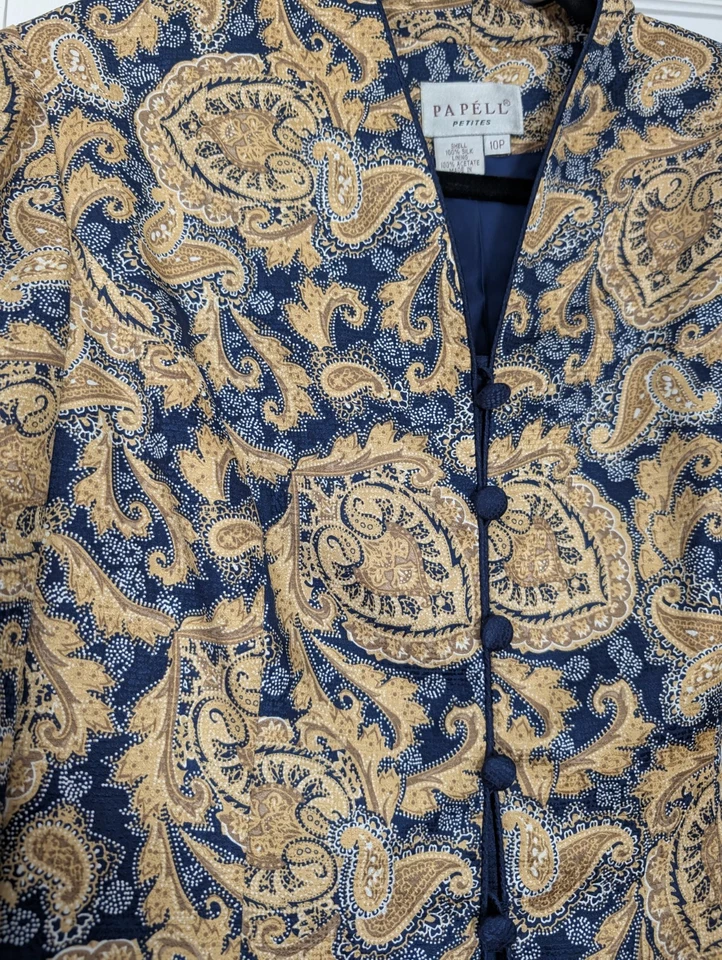 Chaqueta Papell Petites Vintage 10P 100% Seda Brocado Paisley Azul Marino y Forrada en Oro Foto 3 de 4