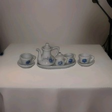 Vintage Miniature Dollhouse Blue and White Flower Porcelain Tea Set - 10 Pieces