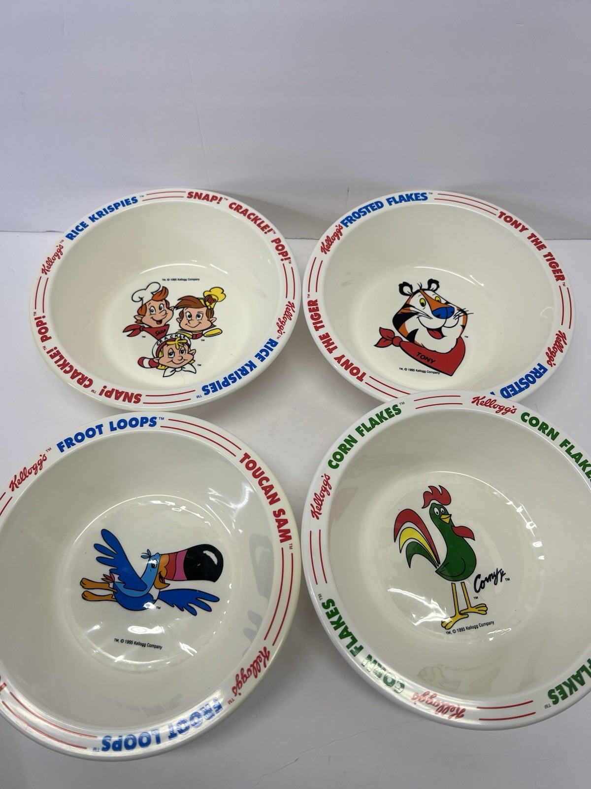 Vintage Kellogg’s Cereal Bowls, Complete 1995 Collector Set Of 4 Plastic 90th