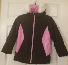 GERRY Girl's Jacket Pink  Black Coat With Fur Lined Hoodie Size S-7/8 EUC