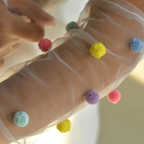 Adjustable Open Finger Gloves For Brides Colorful Pompoms Comfortable Nylon - Picture 6 of 9