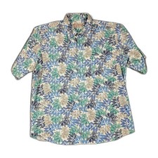 Alan Flusser Mens XL Short Sleeve Button Up Shirt Floral Leaf Print Blue Cotton