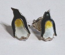 VTG 925 STERLING SILVER ENAMEL PENGUIN STUD EARRINGS 0.9G