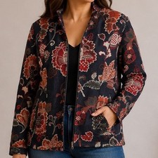 Chico's Size 0 Small Floral Embroidered Cotton Zip Jacket Boho Artsy Botanical