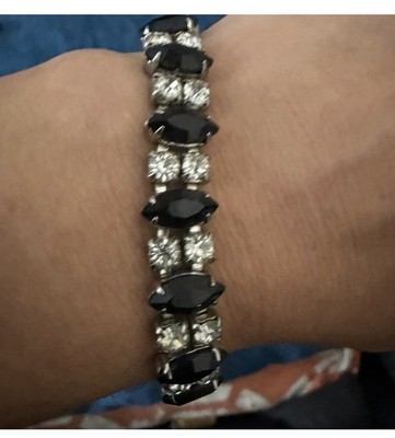 Vintage 1950's Black & White Crystal Tennis Bracelet Marquis Cut