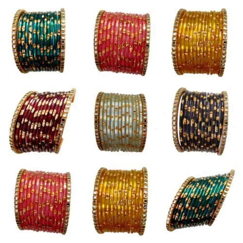 Indian Wedding Style Golden Pattern Women Girls Glass Bangle Set