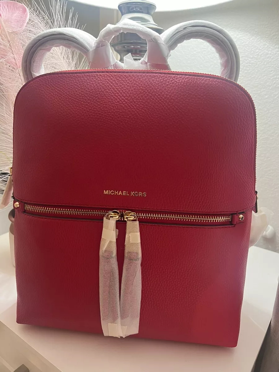  Michael Michael Kors Rhea Zip Pebbled Vegan Leather Slim  Backpack-Bright Red,30F0GEZB6V,Medium