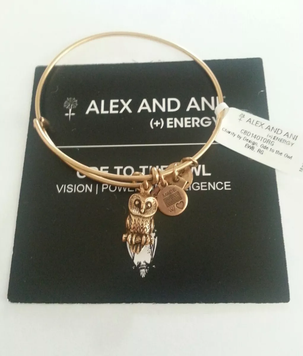 Alex and Ani OWL I Bangle Bracelet R Gold W Tag Card Box Retired