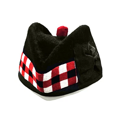 TARTANCITY GLENGARRY TRIPLE DICED HAT SCOTTISH PIPER HAT 100% PURE WOOL BLACK -TC