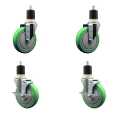 5 Inch Green Poly Wheel Swivel 1-7/8 Inch Expanding Stem Caster Set 2 Brakes SCC