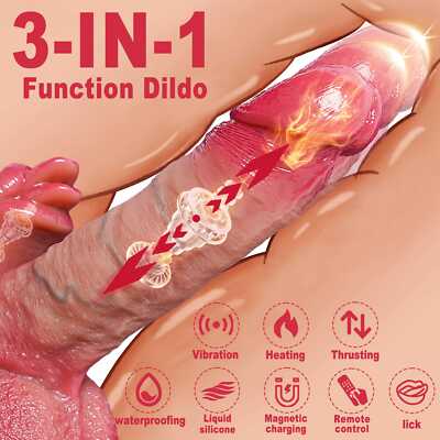 Thrusting Vibrating Dildo Suction Cup Licking Heat Anal Plug Sex Toys Women  Men