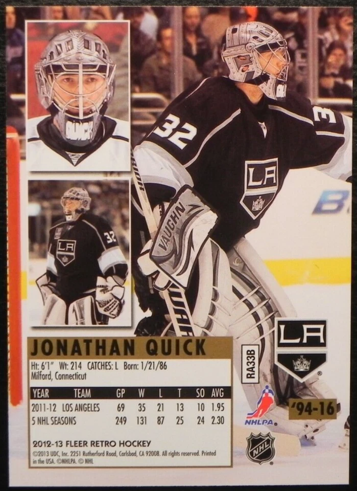 2012-13 12/13 Fleer Retro 1994-95 Ultra '94-16 Jonathan Quick Los Angeles Kings - Image 2 of 2