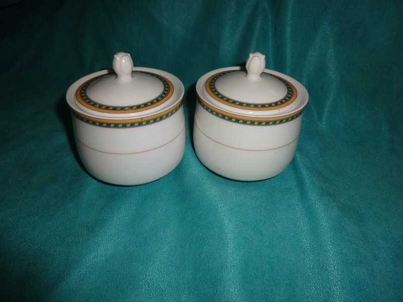 2 Fortessa Sugar Bowls with Lid Bone China Set white w green/yellow stripe RARE