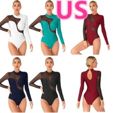 Women's Shiny Ballet Dance Leotard Keyhole Back Mesh Long Sleeve Bodysuit