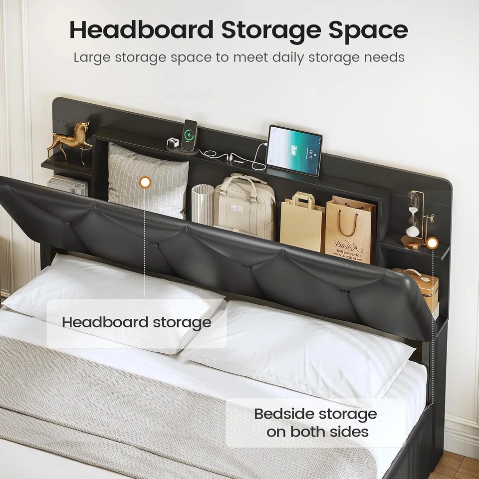 Полноразмерный каркас кровати с 4 ящиками для хранения и зарядной станцией, головной убор для хранения - Изображение 4 из 4