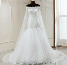 UK Off Shoulde Bridal Gown Cape Lace Corset Back Mermaid Wedding Dress Size 6-16