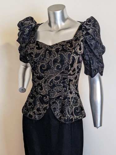 Vintage 80's Jessica McClintock Bridal Dress Gold/ Black Velvet puffy sleeve - Picture 2 of 5