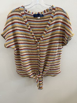 Blue Rain Sweater Womens XS Retro Boho Button Up Tie Front Striped Sweater