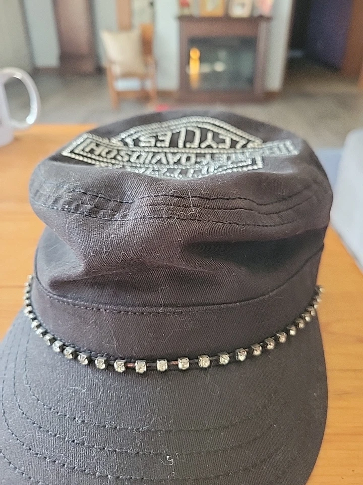 Mujer Harley Davidson Motociclista Estrás Deslumbrante Negro Sombrero Solapa Gorra Ajustable Foto 3 de 4
