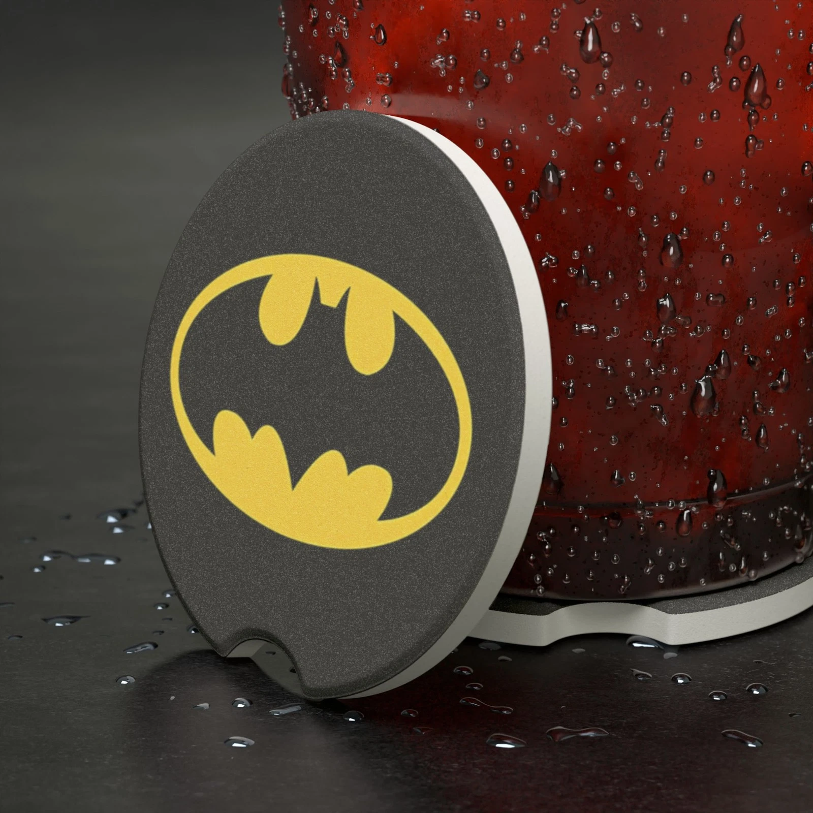 Batman Yellow Logo Soapstone Car Coaster – DC Comics Cup Holder Insert for Car