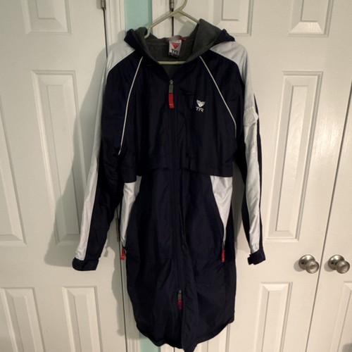TYR Hooded Swim Parka Jacket Navy White Adult Size S Fleece Lined