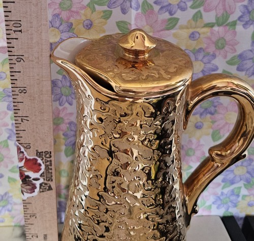 Vintage 22kt Gold Pitcher with Lid Bel-terr China Made in USA Weeping Gold - Imagen 9 de 9