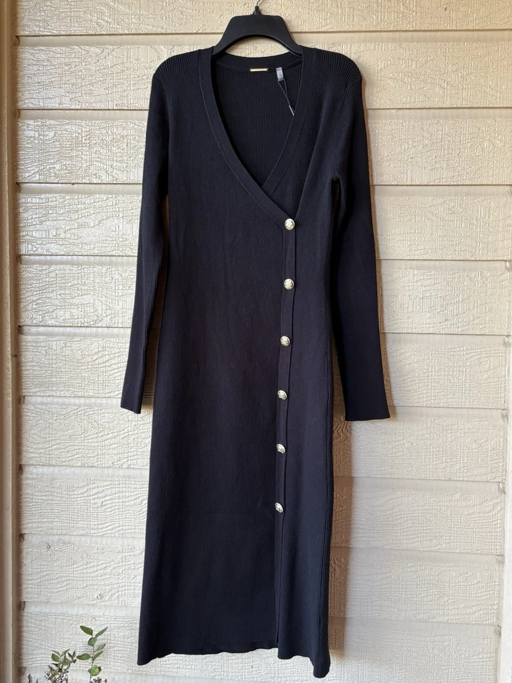 Vestido suéter midi envolvente sintético para mujer Elie Tahari talla mediana negro tejido acanalado $295 Foto 2 de 4