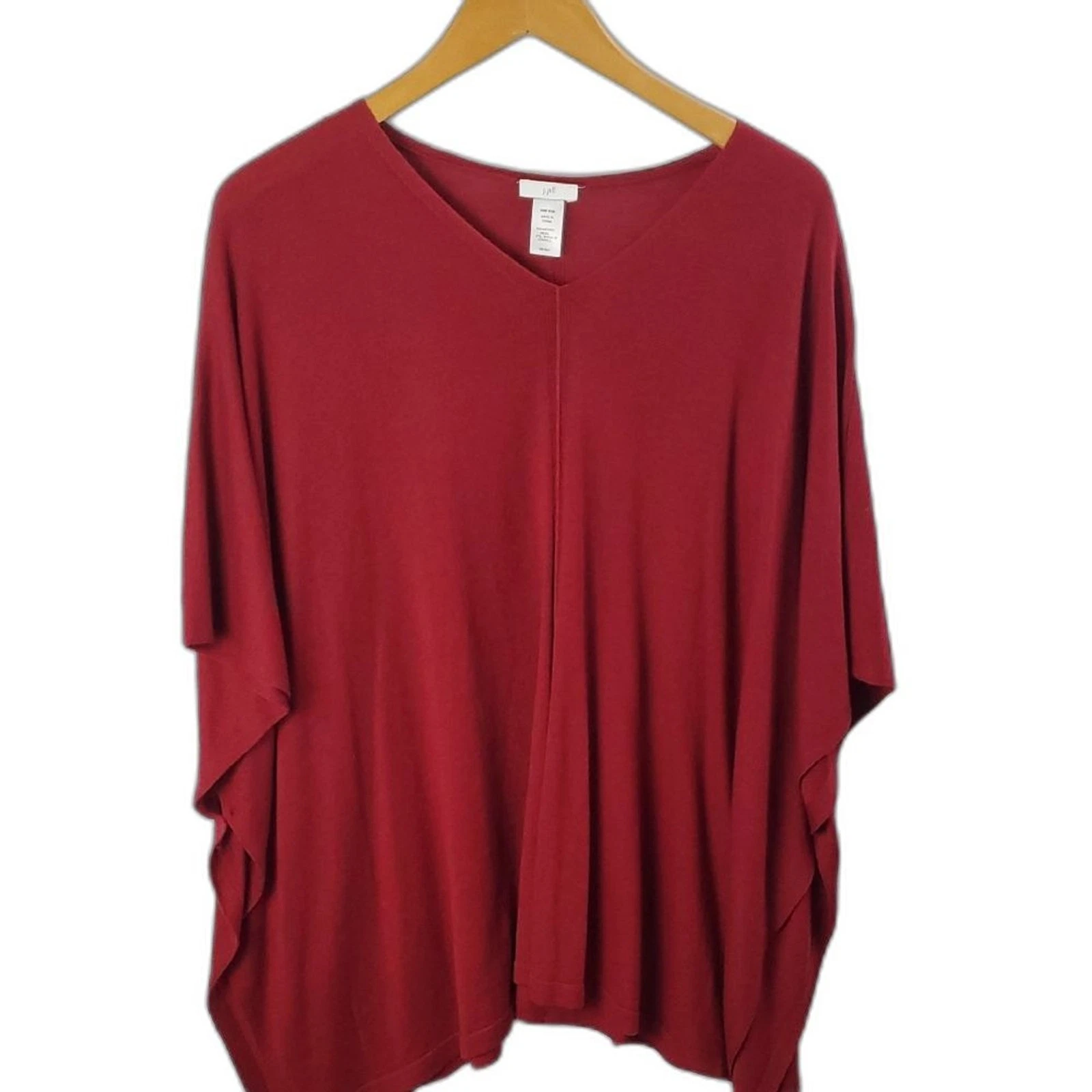 J Jill (One Size) Red Merino Wool Tencel Knit Poncho Sweater V-Neck Boho Beach