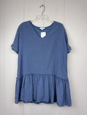 Umgee Tiered Blue Mini Dress Raw Edge V-neck Lightweight Cotton Boho Cottagecore