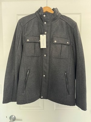 Cole Haan Men's Wool Jacket Gray Hidden Hood Zip Snap Coat New With Tags Size XL