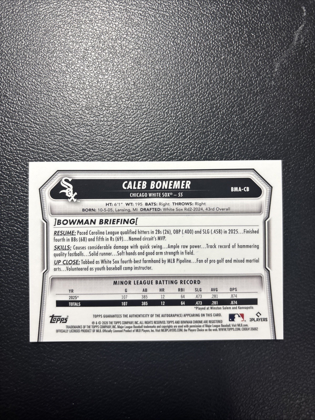 2026 Bowman Chrome Caleb Bonemer BMA-CB Mojo Auto view 4