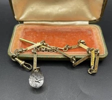 Antique OMD Rolled Gold Pocket Watch Fob Chain W/Stamped Links &Faceted Crystal