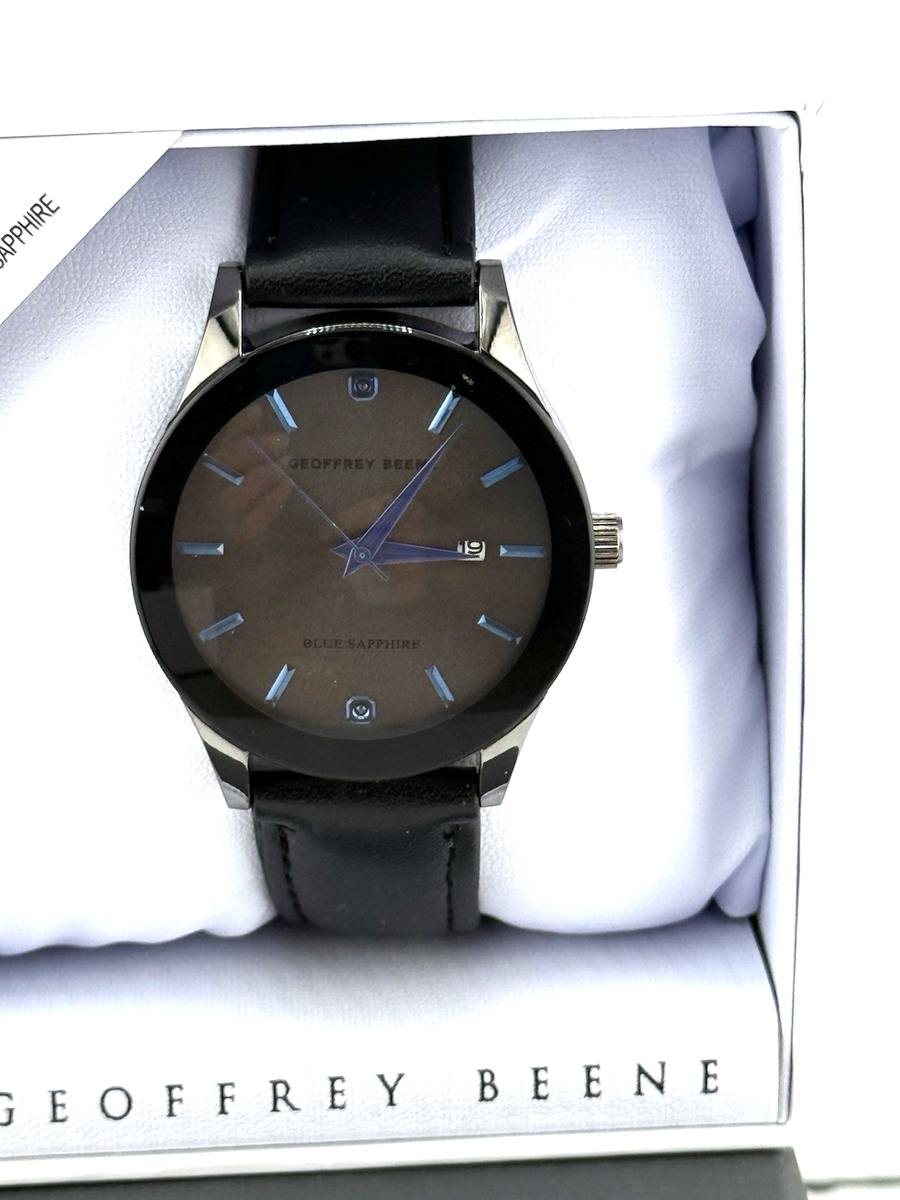 NIB Geoffrey Beene Blue Sapphire Men' Black leather band