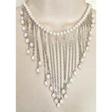 Sterling Silver White Cultured Pearl Fringe Bib Dangle 925 Gemstone Necklace 