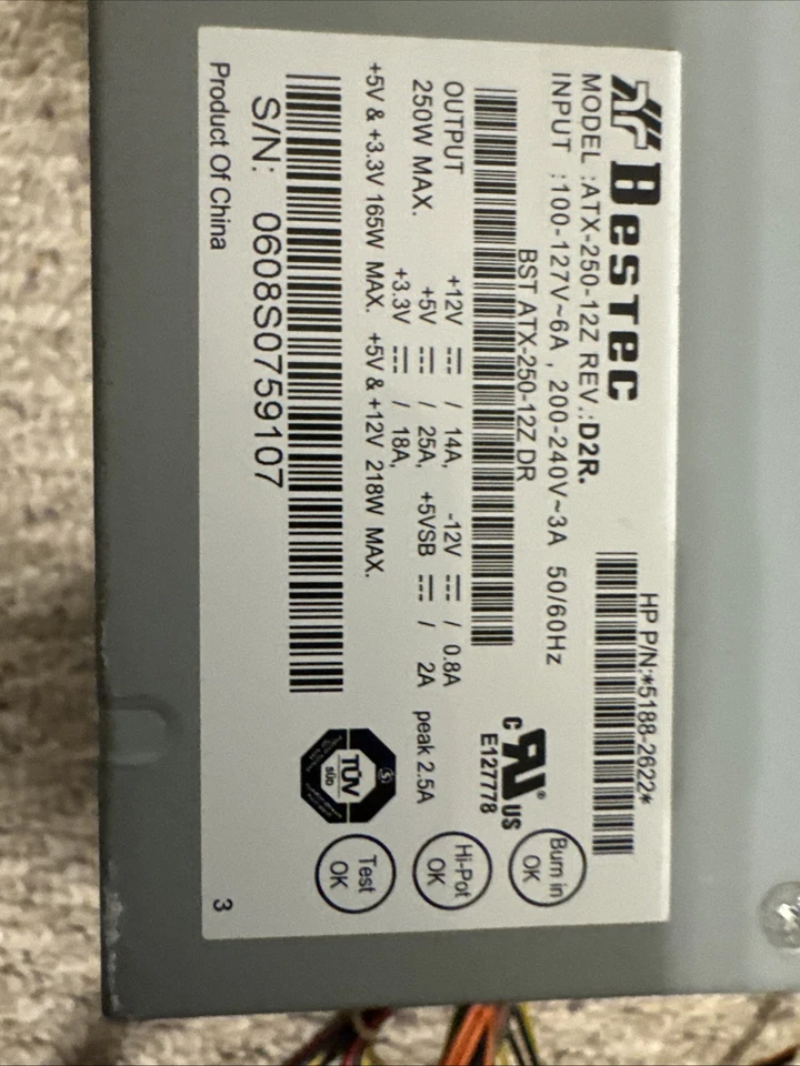 used Bestec 250W Power Supply ATX-250-12Z REV: D7R - Image 2 of 2