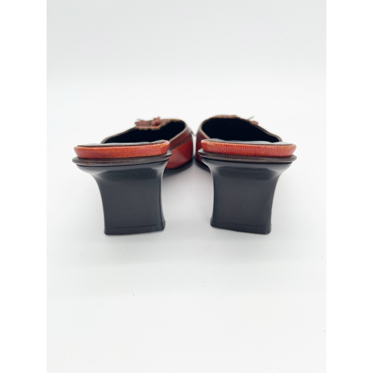 Prada Retro Y2K Brown Orange Leather Kiltie Tassel Square Toe Mule