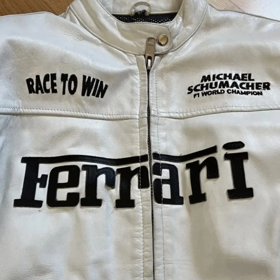 男式法拉利赛车皮革夹克迈克尔舒马赫版,白色赛车运动 — 第 4/4 张图片
