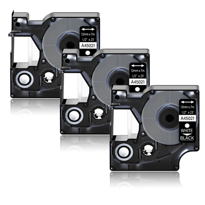 BESTTECHTRADING 3PK 12mm White on Black DYMO D1 45021 LabelManager 100 200 300 Label Tape 0.47"