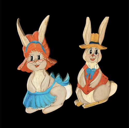 Wood Folk Art Handmade Yard Ornament Wall Plaque Painted Farmer Horse Bunny Lot - Picture 4 of 10